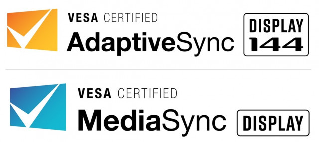 위에서부터 아래로 VESA 인증 어댑티브싱크 디스플레이 로고(VESA Certified AdaptiveSync Display logo)와 VESA 인증 미디어싱크 디스플레이 로고(...