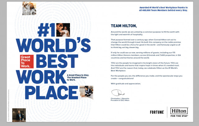 Hilton recognizes global team members in advertisement appearing in major media outlets for their accomplishment of being recognized as the No. 1 World&amp;#039;s Best Workplace (Graphic: Hilton)