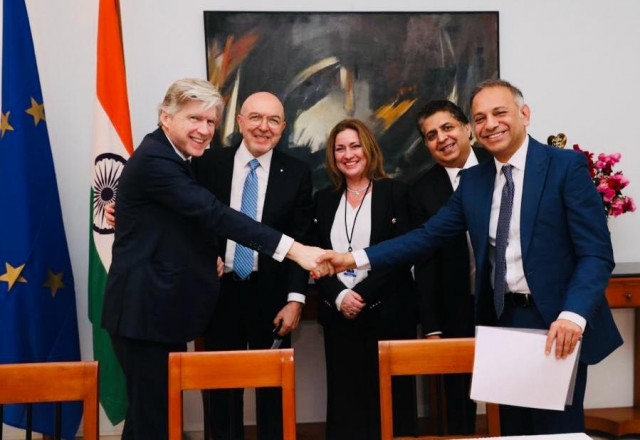 LTIMindtree and Eurolife FFH sign MoU to setup GenAl and digital hubs in India and Europe. In the picture left to right Alexandros Sarrigeorgiou, Chairman &amp; CEO, Eurolife FFH Insurance Group, Sanjay Tugnait, President &amp; Chief Executive Officer, Fairfax Digital Services, Sudhir Chaturvedi, President, and Executive Board Member, LTIMindtree at the residence of Greek Ambassador in Delhi. (Photo: Business Wire)