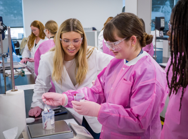 Students from Lewisville High School – Harmon Campus (Texas, U.S.A.) putting their knowledge to the test by creating their own Mary Kay® Unlimited Lip Gloss at Mary Kay&amp;#039;s global Richard R. Rogers Manufacturing and Research &amp; Development Center (Photo Credit: Mary Kay Inc.)