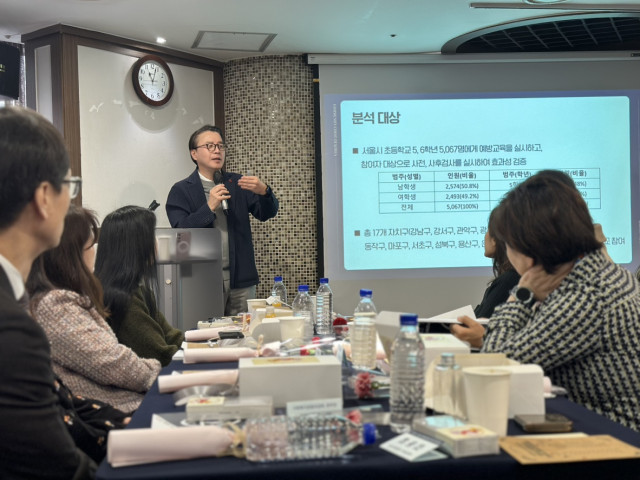 서울대학교 교육학과 김동일 교수가 1차년도 예방교육 및 심리정서 효과성 검증 연구에 대해 발표하고 있다