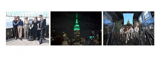 The cast of “House of the Dragon” on ESB’s 86th Floor Observatory; ESB lit in green; the Iron Throne on the Grand Staircase. (Photo: Business Wire)