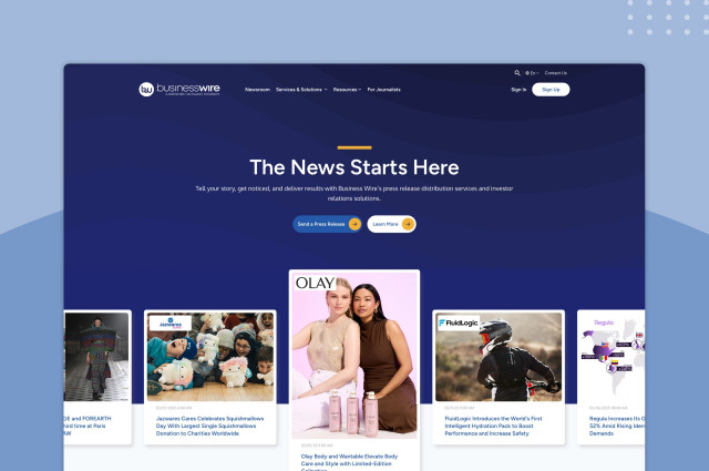 The redesigned homepage showcases press releases from Business Wire clients.